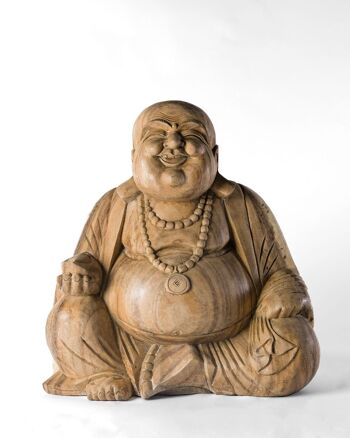 Statue en bois naturel du Bouddha décoratif Samán, sculptée à la main par des artisans en une seule pièce de différentes tailles et hauteurs, fabriquée en Indonésie 2