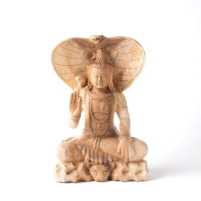 Statua in legno naturale di Buddha Saman 40 cm decorativa, scolpita a mano da artigiani in un unico pezzo, diversi mudra, Made in Indonesia