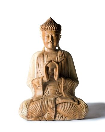 Statue en bois naturel de Bouddha saman 40 cm décorative, sculptée à la main par des artisans en une seule pièce, différents mudras, Fabriquée en Indonésie 6