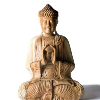 Statua del Buddha Saman in legno naturale, altezza 60 cm, decorativa, scolpita a mano da artigiani in un unico pezzo, diversi mudra, finitura naturale, prodotta in Indonesia