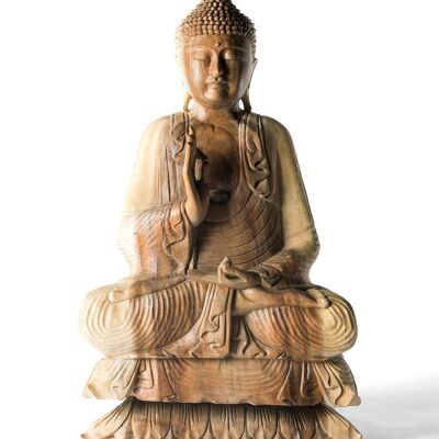 Statue Bouddha saman en bois naturel de 80 cm de haut, sculptée à la main par des artisans d'une seule pièce, finition naturelle, différents mudras, fabriquée en Indonésie