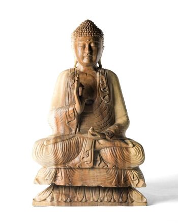 Statue Bouddha saman en bois naturel de 80 cm de haut, sculptée à la main par des artisans d'une seule pièce, finition naturelle, différents mudras, fabriquée en Indonésie 1