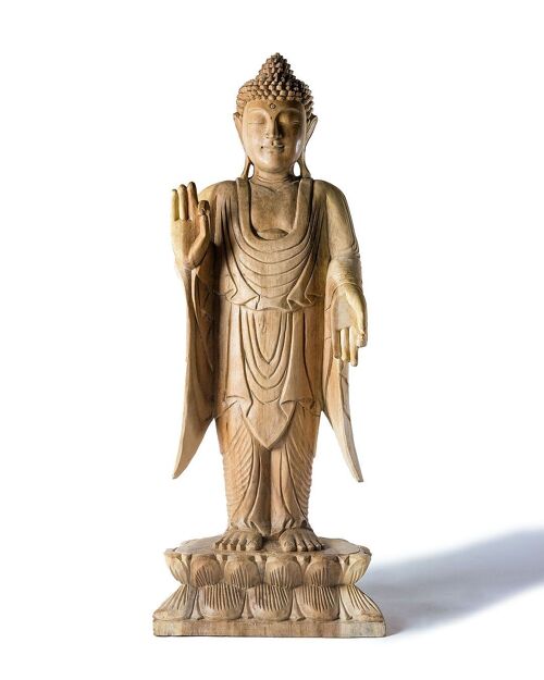 Estatua de madera natural de samán Buda de 100 cm de altura decorativa, tallado a mano por artesanos en una sola pieza, diferentes mudras, fabricado en Indonesia