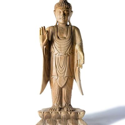 Statua del Buddha Saman in legno naturale, alta 100 cm, decorativa, scolpita a mano da artigiani in un unico pezzo, diversi mudra, prodotta in Indonesia