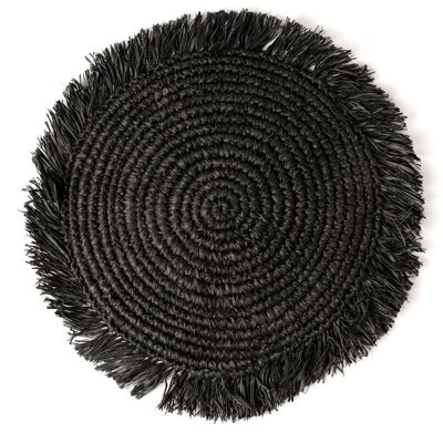 Round decorative wetar raffia placemat, handmade with natural fibers in black finish, 45 cm diameter, made in Indonesia