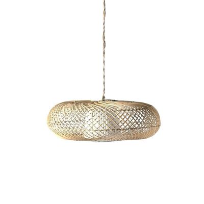 Bukittinggi oval natural rattan ceiling pendant lamp with diffuser fabric, hand-woven with natural fibers, height 23 cm diameter 45 cm, origin Indonesia