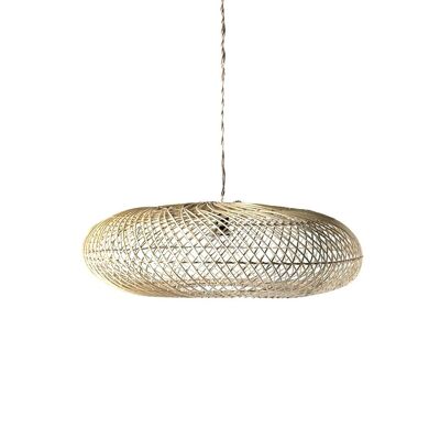 Lampada a sospensione da soffitto ovale in rattan naturale Bunga Tahi Ayam, intrecciata a mano con finitura naturale, altezza 28 cm diametro 62 cm, provenienza Indonesia