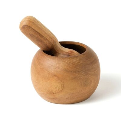 Lampung C Natural Teak Wood Kitchen Mortar Round, Handmade with Natural Finish, Height 13cm Diameter 10cm, Made in Indonesia