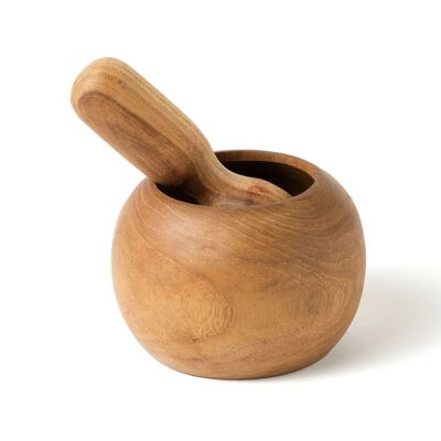 Mortero de cocina de madera natural de teca Lampung C redondo, hecho a mano con acabado natural, altura 13 cm diámetro 10 cm, fabricado en Indonesia