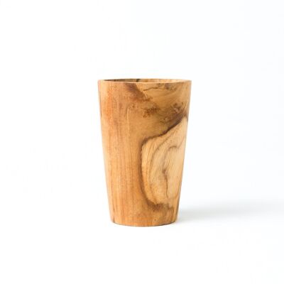 Bicchiere conico in legno di teak naturale Bondo, disponibile nella versione corta e lunga, realizzato a mano con finitura naturale, prodotto in Indonesia