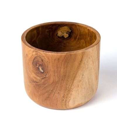 Bowl de madera maciza de teca natural Jombang, cilíndrico, acabado natural, hecho a mano, 15 cm de diámetro, origen Indonesia