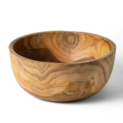 Bol Kupang en bois massif de teck 100% naturel, fait main, rond, finition naturelle, diamètre 24 cm, origine indonésienne