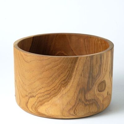 Bowl de madera maciza de teca natural Kudus, hecho a mano, acabado natural, redondo, 22 cm de diámetro, hecho en Indonesia