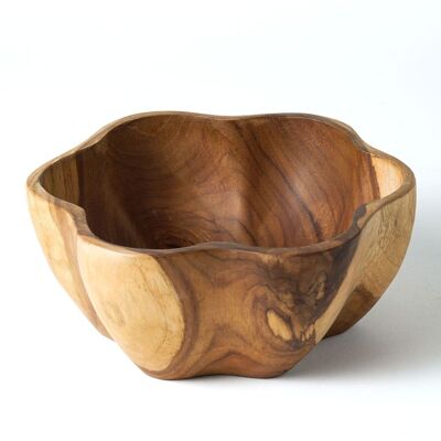 Bowl de madera de teca natural maciza con forma de flor, acabado natural, 19 cm de diámetro, hecho en Indonesia