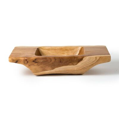 Saman Purwakarta rectangular natural solid wood decorative bowl, handmade by artisans, natural finish, height 9 cm length 40 cm depth 20 cm, origin Indonesia