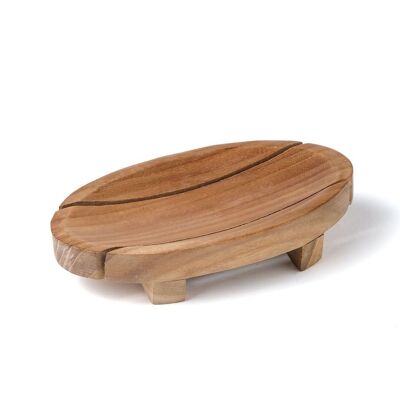 Portasapone in legno naturale Sawo con scarico Batu O, ovale fatto a mano con finitura naturale, lunghezza 13,5 cm profondità 8,5 cm, prodotto in Indonesia