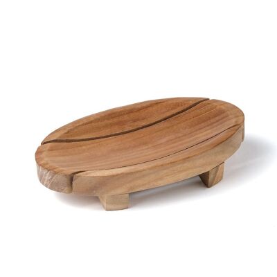 Porte-savon en bois Sawo naturel avec drain Batu O, ovale fait à la main avec finition naturelle, longueur 13,5 cm profondeur 8,5 cm, fabriqué en Indonésie