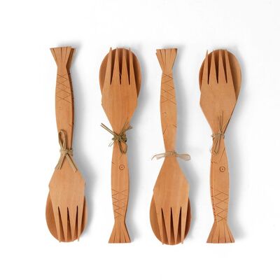 Lot de 4 cuillères et fourchettes en bois naturel Sawo, faites à la main en forme de poisson, longueur 16 cm largeur 3,5 cm hauteur, fabriquées en Indonésie