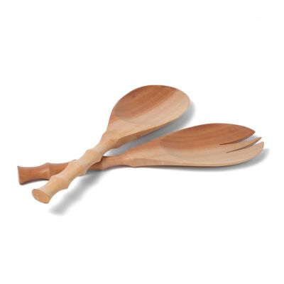 Surakarta ergonomic natural sawo wood salad spoons, handmade by artisans with natural finish, length 24 cm width 7 cm, Indonesian origin