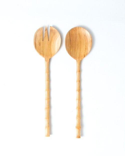 Cucharas de ensalada de madera natural de sawo ergonomicas  Selayar, hechos a mano con acabado natural, largo 30 cm ancho 7,5 cm , origen Indonesia