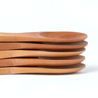 Set de 5 cucharas de madera natural de sawo rinca para desayuno, hechos a mano, largo 14 cm ancho 3 cm altura, origen Indonesia