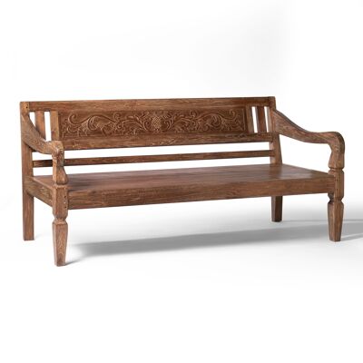 sofa de madera natural macizo de teca  Batu Karas, tallado a mano con apoya brazos y respaldo, acabado natural,  altura 85 cm largo 205 cm ancho 100 cm, fabricado en Indonesia