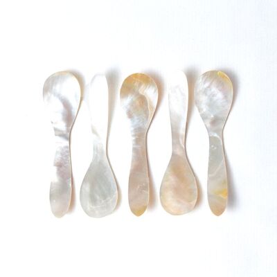 Set of 5 mother-of-pearl spoons, for breakfast or tastings, handmade, length 10 cm width 2.5 cm, Indonesian origin