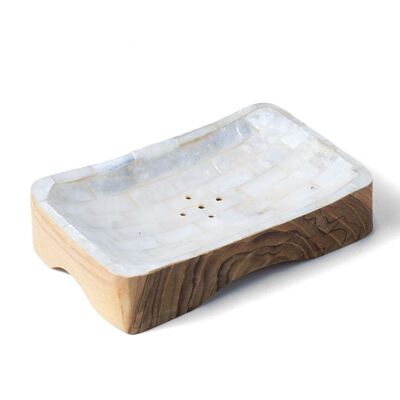 Mother of pearl and natural wood soap dish with rectangular Muara drainage, handmade with white and white and gold finish, length 12 cm width 7.5 cm, origin Indonesia