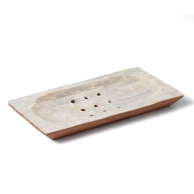 Mother of Pearl and Natural Wood Soap Dish with Drain Irian Jaya Rectangular, Handmade with White Finish, Length 14 cm Width 7.5 cm, Made in Indonesia