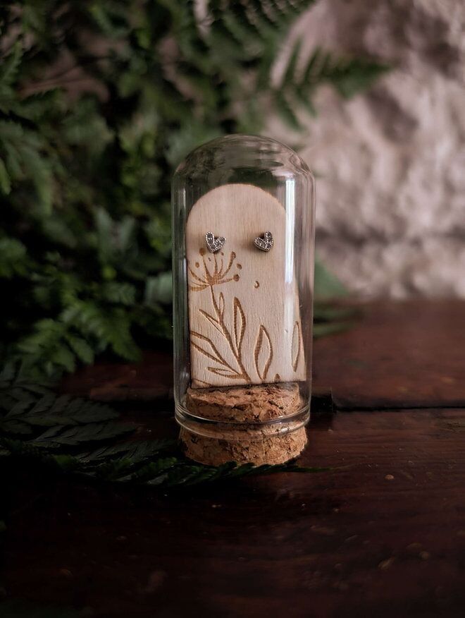 Splendidi orecchini a bottone in argento sterling e zirconi cubici in tubo di terrario di vetro