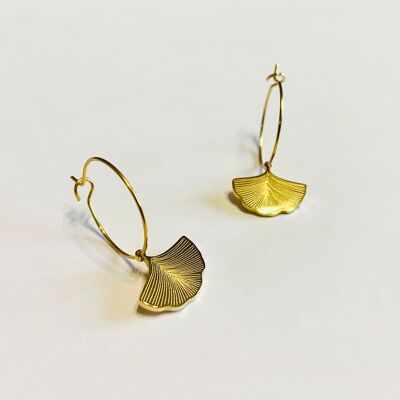 Gold stainless steel hoop earrings with ginkgo flower
