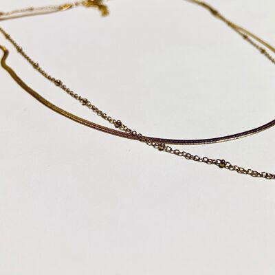 Double row necklace in gold stainless steel with Ginkgo flower pendant