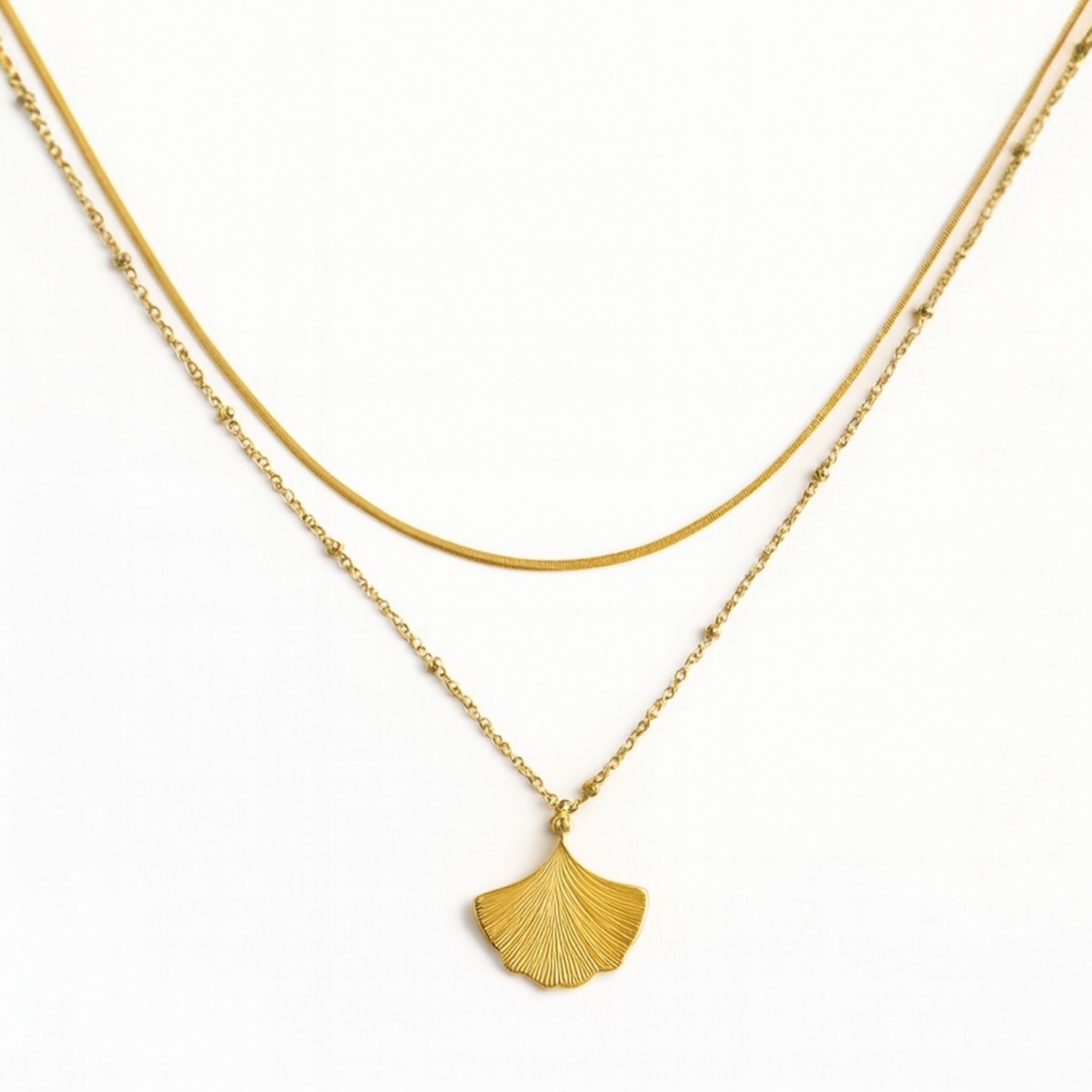 Collier double rangs en acier inoxydable doré avec pendentif fleur de Ginkgo