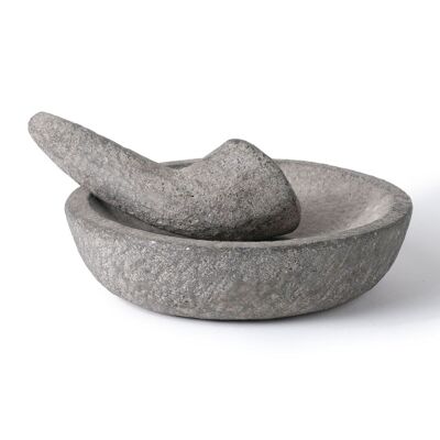 Ketapang natural river stone flat dish kitchen mortar with grinding masher stick, hand-sculpted, available in 2 sizes, Indonesian origin