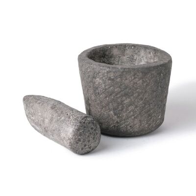 Kepajen natural river stone kitchen mortar with grinding stick, hand-sculpted, available in 2 sizes, Indonesian origin