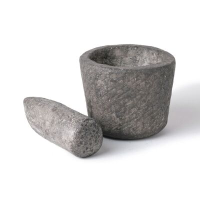 Kepajen natural river stone kitchen mortar with grinding stick, hand-sculpted, available in 2 sizes, Indonesian origin