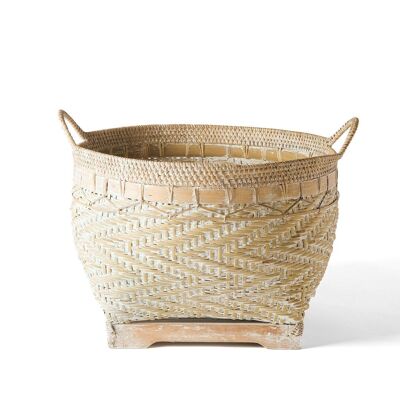 Sidempuan decorative 100% natural rattan basket with handles, hand-woven with natural fibers and white finish, round organizer, 3 different sizes, made in Indonesia