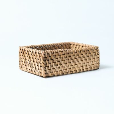 cesta organizadora de ratán natural Bacan rectangular, hecho a mano con acabado natural,  altura 4 cm largo 11 cm profundidad 7,5 cm, fabricado en Indonesia