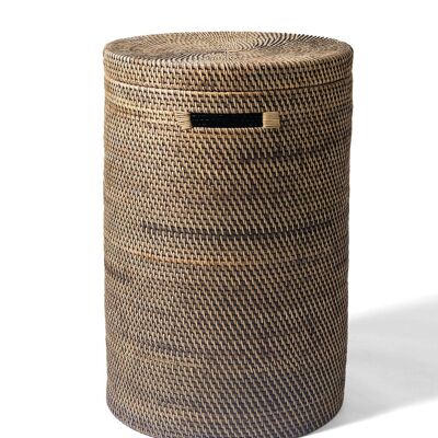 Cesto decorativo grande in rattan Komodo 100% naturale con coperchio e manici, realizzato a mano con finitura naturale, forma cilindrica, diametro 58 cm x altezza 40 cm, prodotto in Indonesia