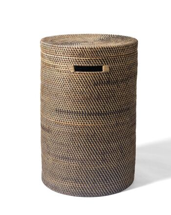 Grand panier décoratif en rotin de Komodo 100 % naturel avec couvercle et poignées, fait à la main avec finition naturelle, forme cylindrique, 58 cm de diamètre x 40 cm de hauteur, fabriqué en Indonésie 1
