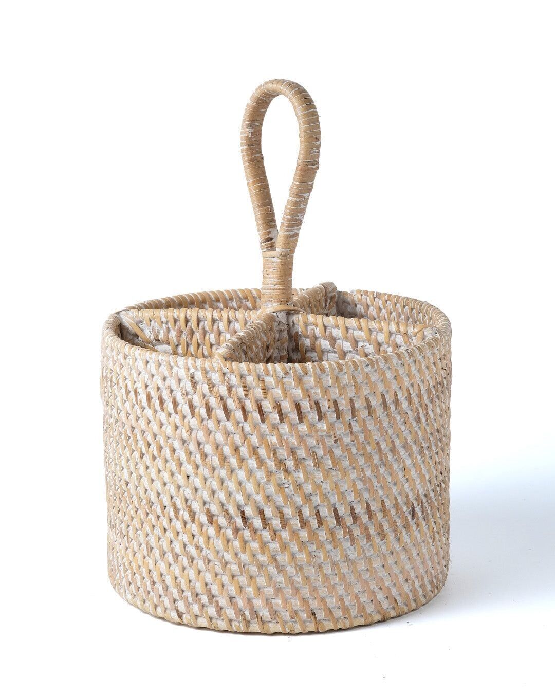 Cestino portaposate in rattan 100% naturale Banten rotondo con manico per trasportare in tavola, realizzato a mano con finitura bianca o naturale, altezza 28 cm diametro 18 cm, prodotto in Indonesia