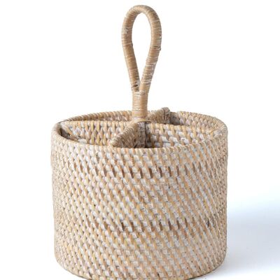 100% natural rattan cutlery basket organizer Banten round with handle to transport to the table, handmade with white or natural finish, height 28 cm diameter 18 cm, made in Indonesia