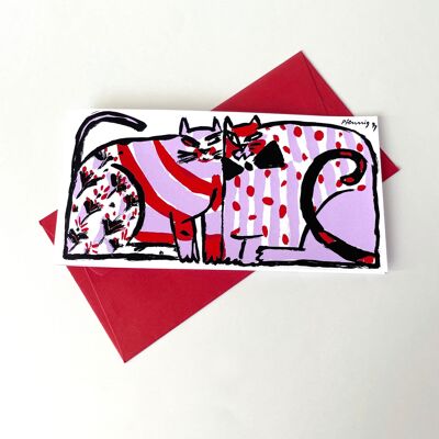 2 gros chats - carte sérigraphiée avec enveloppe rouge