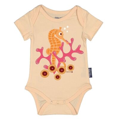 Short-sleeved baby bodysuit in organic cotton - Pink seahorse