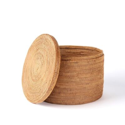 Halus Alor 100% Natural Rattan Decorative Basket with Lid, Handmade Organizer with Natural Finish Round, 30cm Diameter x 22cm Height, Made in Indonesia