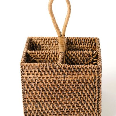 Pekanbaru square 100% natural rattan cutlery holder organizer basket with handle for carrying to the table, handmade with natural or white finish, height 27 cm length 18 cm depth, made in Indonesia