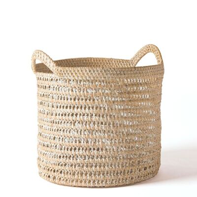 Waigeo 100% Natural Openwork Rattan Basket Decorative with Handles, Round Organizer, Handmade with Natural or White Finish, 2 Measurements, Made in Indonesia