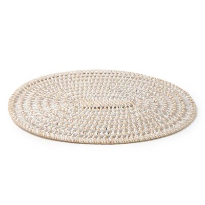 Sumenep decorative oval openwork natural rattan placemat, handmade with white finish, length 44 cm depth 33 cm, made in Indonesia