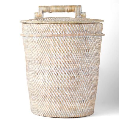 100% Natural Java Rattan Decorative Basket with Grip Lid, Handmade in Natural or White Finish, Diameter 26 x Height 33, Made in Indonesia
