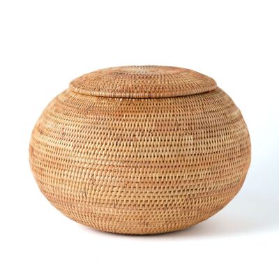 100% Natural Rattan Bowl with Lid Sumbawa Decorative, Oval, Handwoven, Natural Finish, 30cm Diameter, Made in Indonesia